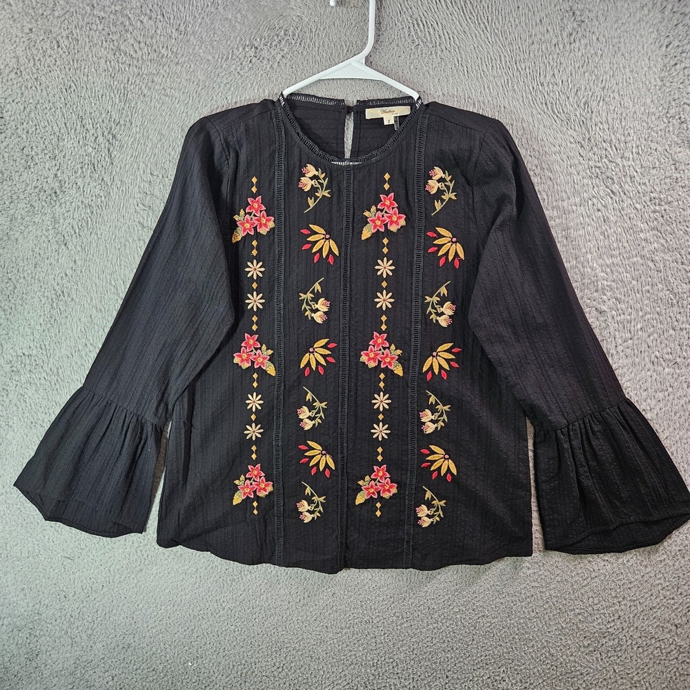 NEW Andree by Unit Embroidered Top women Small Bell Sleeve Floral Black